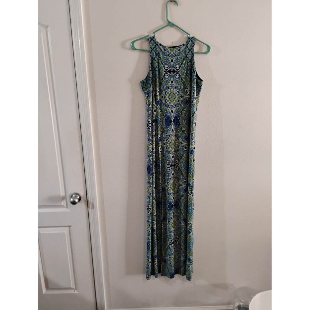 London Times Blue Green Paisley Medallion Sleeveless Maxi Dress Size 4 Halter